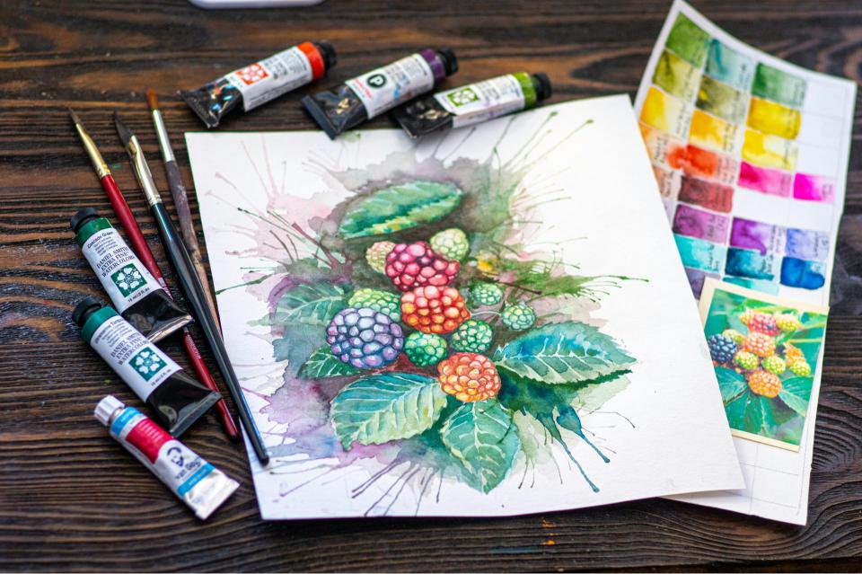 Aquarell von Brombeeren und Farben
